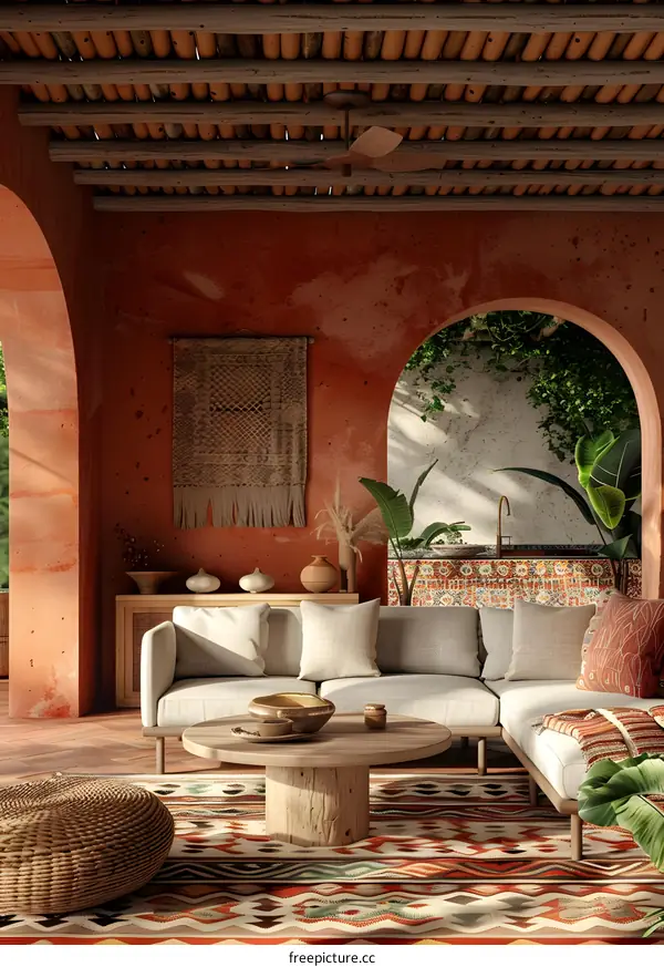 Bohemian Style Living Room With Wooden Ceiling And Red Walls