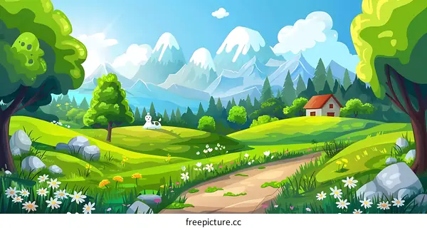 Cartoon Landscape With Green Grass Mountains And A Small House