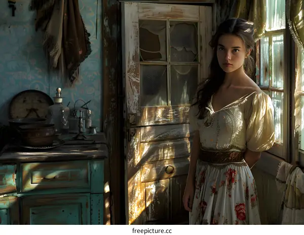 portrait of a girl in a vintage dress standing in a rustic kitchen