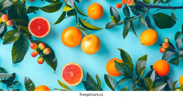 Fresh Citrus Fruits and Greenery on Blue Background