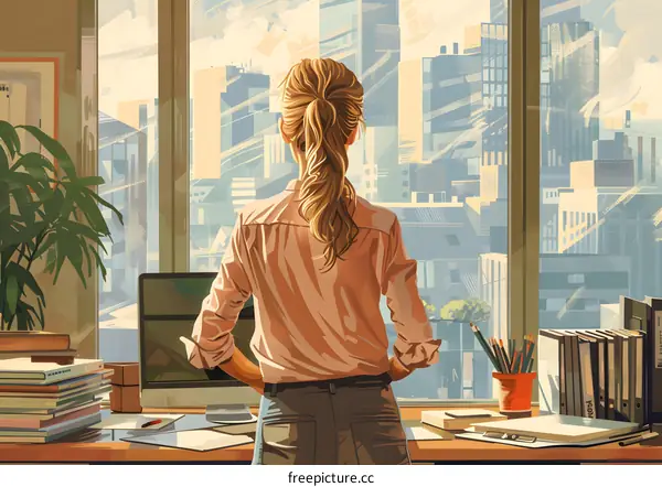 Business people look out over the city in the office