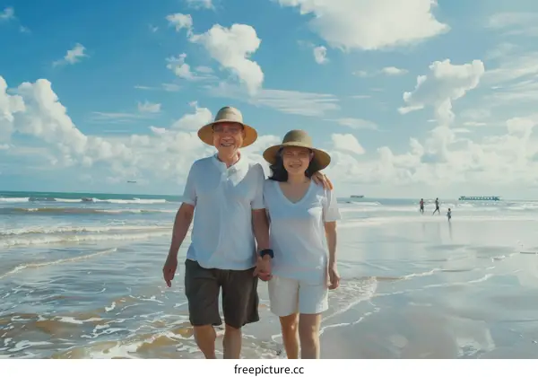 Happy retired couple walking on the beach
