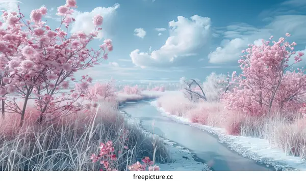 Pink Trees and Blue River in Winter Scene