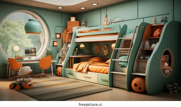 A futuristic bedroom with a large window and a bunk bed