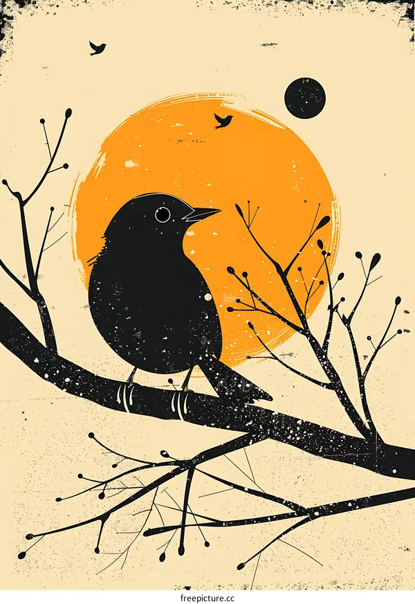Silhouette of Bird on Branch with Sun and Moon in Background