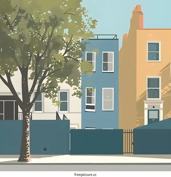 Illustration of a Row of Houses with a Tree in Front