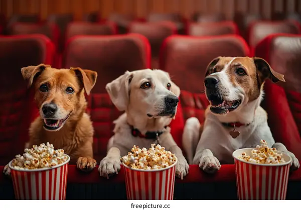 Three dogs sitting in a movie theater watching a movie