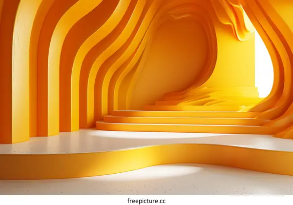 3D rendering of an empty yellow room with a curved wall and a stage