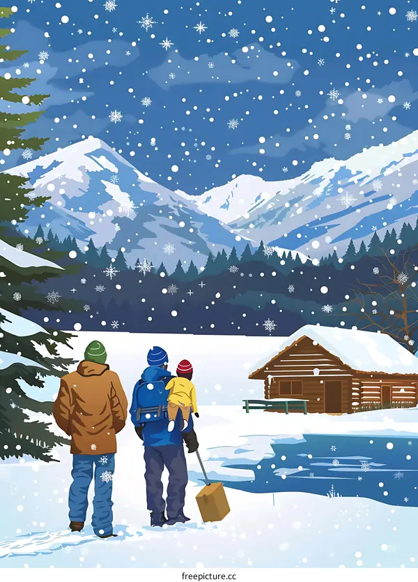 Family Walking in Snowy Mountains and Cabin