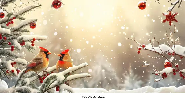 Two Cardinals Resting on a Snowy Branch in Winter