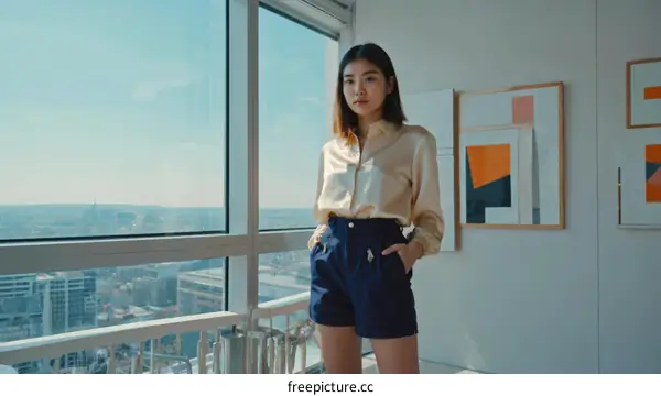 Asian Woman in Stylish Summer Outfit with City View
