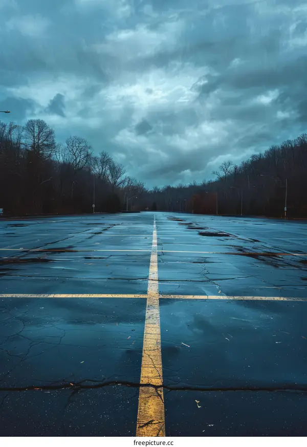 An empty parking lot on a rainy autumn day
