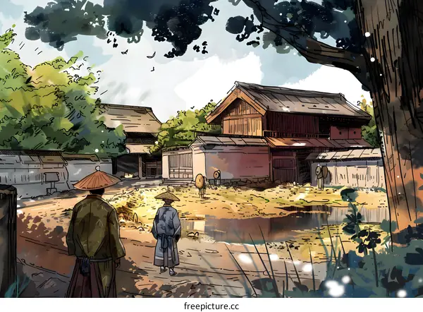 Traditional Japanese Village Watercolor Illustration