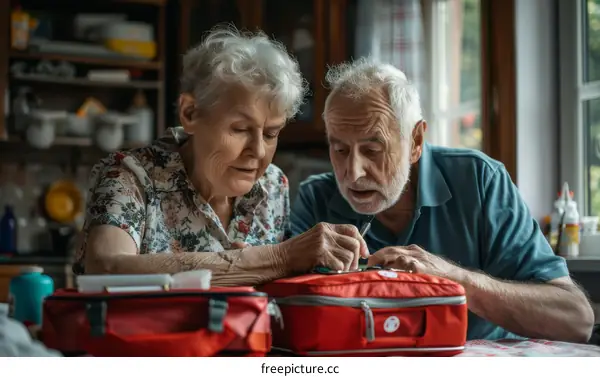 Senior couple checking first aid kit