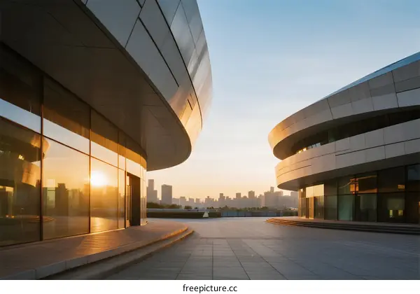 Modern Curved Architecture with Urban Skyline at Sunset
