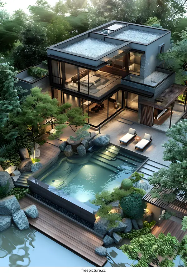 A modern villa with a pool and a garden