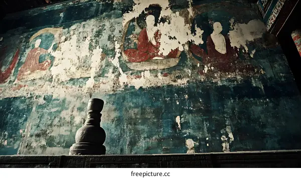 Ancient Wall Painting In Temple With Stone Sculpture