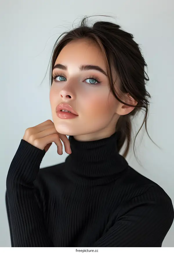 Portrait of a Young Woman with Blue Eyes Wearing a Black Turtleneck