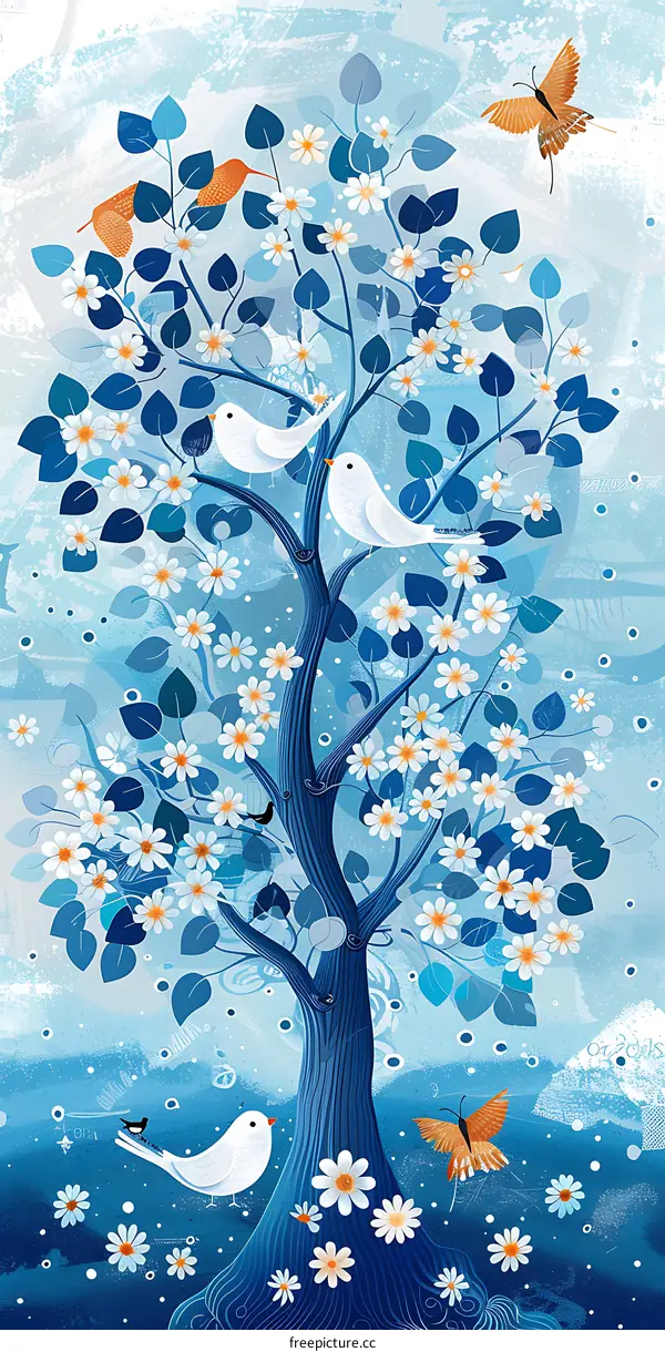 Blue Sky White Flowers Birds and Butterflies Spring Nature Illustration