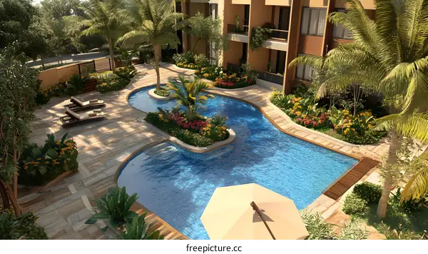 Tropical Resort Swimming Pool with Palm Trees and Loungers