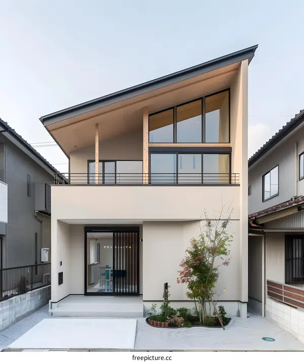 Modern Beige House with a Unique Roof Design
