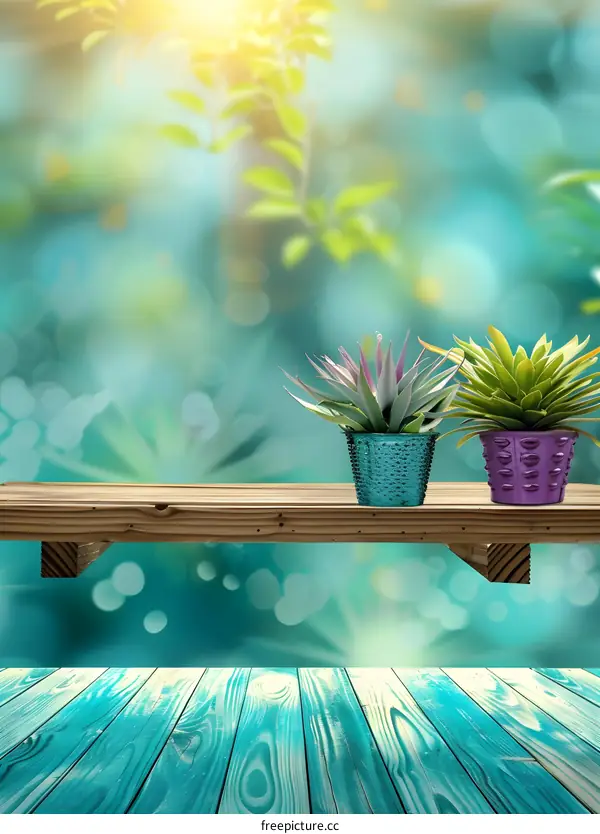 Wooden Shelf With Two Plants on a Green Blurred Background