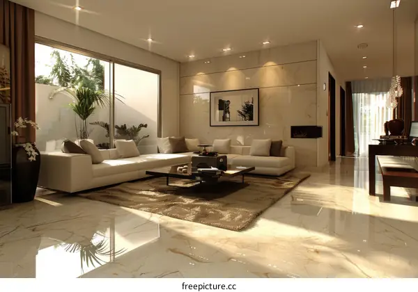 Bright and Airy Living Room with Gleaming Marble Floors