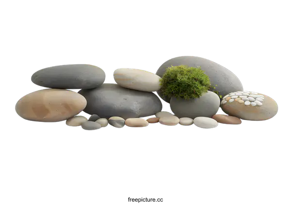 [Transparent Background PNG]Smooth River Rocks with Moss and Pebbles