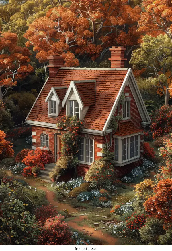 Red Brick Cottage in Autumn Forest