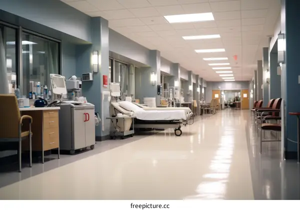 Empty hospital hallway with gurney