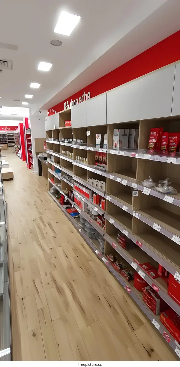 Empty Supermarket Shelves with Red Sign