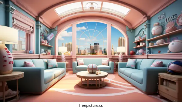 Pink and Blue Living Room with City View