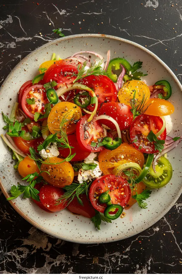 Colorful Heirloom Tomato Salad with Herbs, Feta & Pickled Shallots