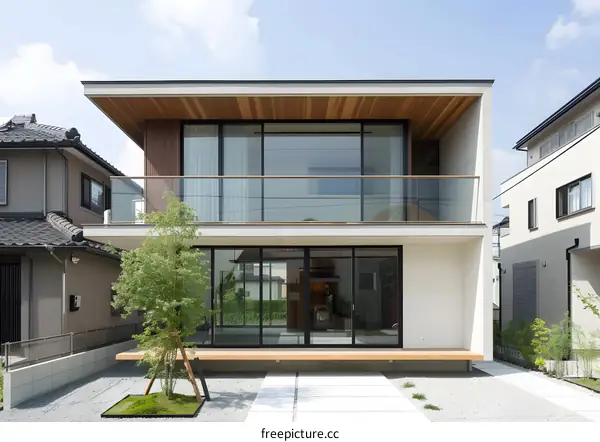 Modern Japanese Home with Glass Balcony and Wooden Deck