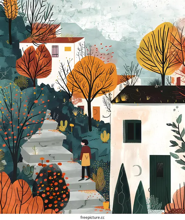 Autumn Illustration of a Girl Walking Up Stone Steps to a House