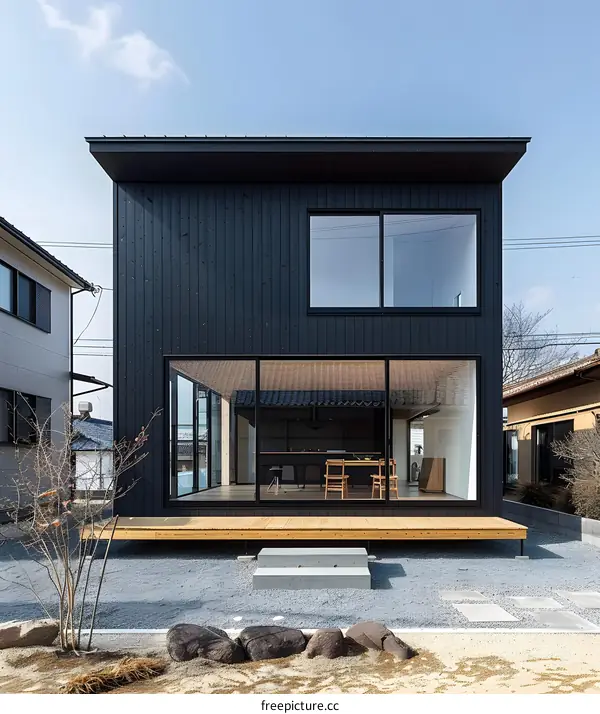 Modern Black House with Wooden Deck and Large Windows