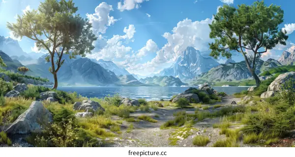 Mountains, Lake, Trees