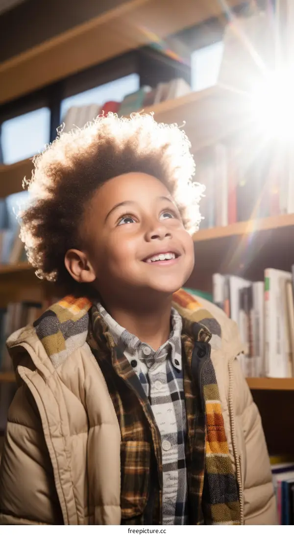 Portrait of a young boy smiling in a library