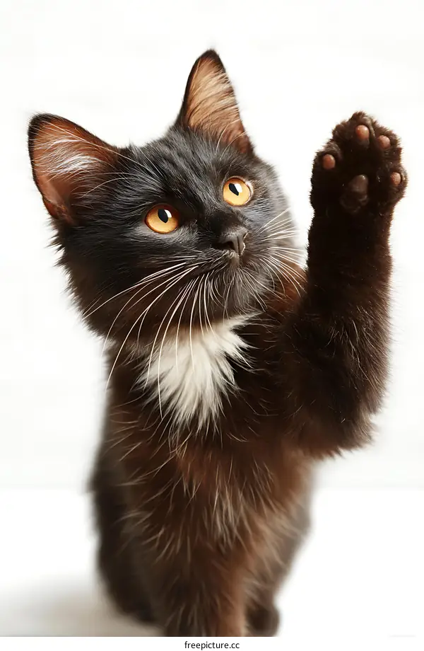 Cute Black and White Kitten Raising a Paw