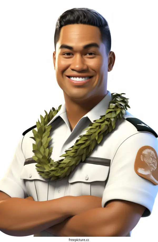 Portrait of a friendly man in a white uniform and green lei