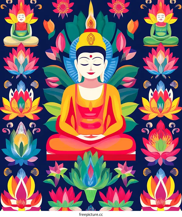 Buddha Sitting in Lotus Position with Colorful Flowers