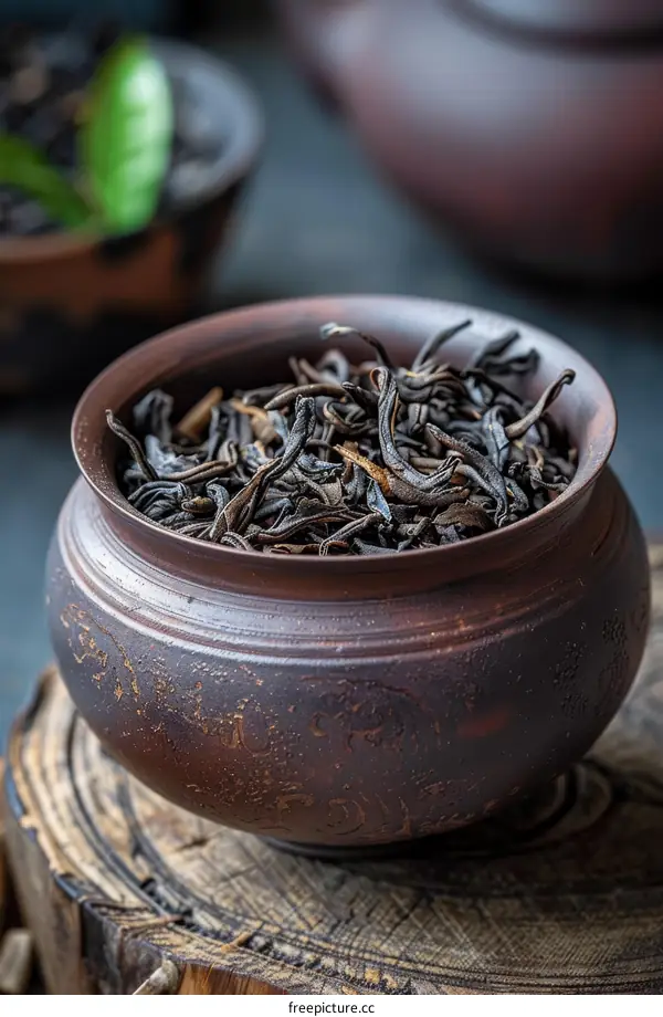 Black tea leaves in a ceramic bowl on a wooden table