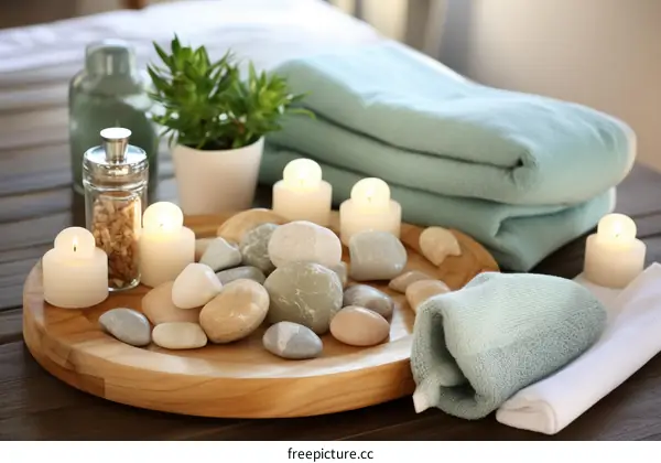 Spa Relaxation: Candles, Towels & Stones