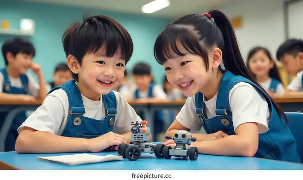 Two Smiling Asian Children Playing With Robots In A Classroom