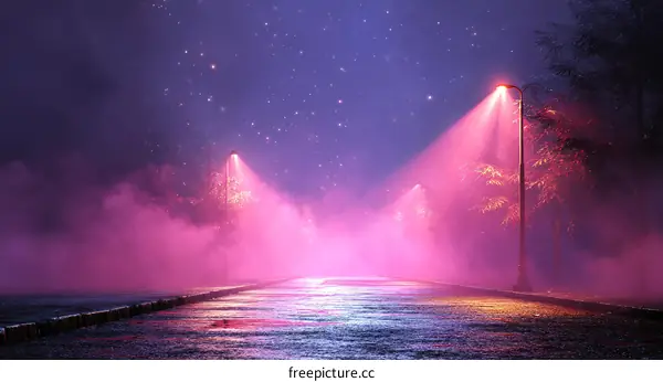 Neon Night Road Through Misty Woods