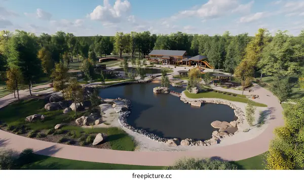 Aerial View of a Japanese Garden with a Pond and a Wooden Building
