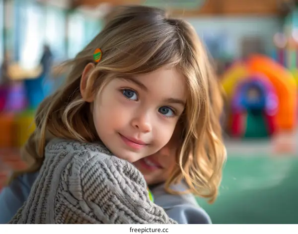 Little girl with blonde hair and blue eyes smiling