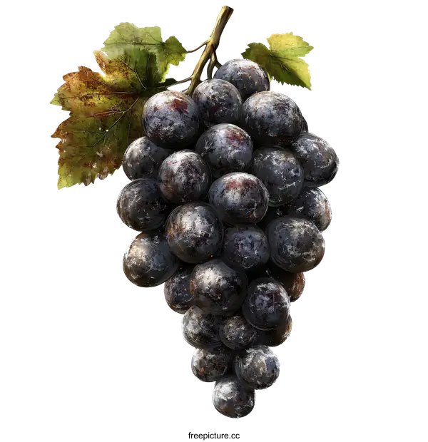 [Transparent Background PNG]A Bunch of Dark Grapes with Leaves