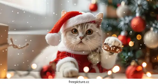A cute cat wearing a Santa hat is sitting in front of a Christmas tree.