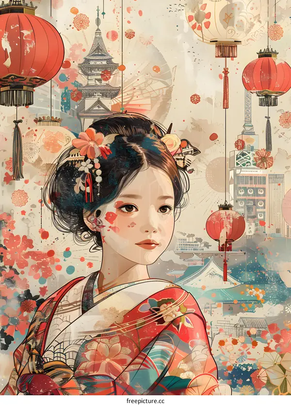 An illustration of a Japanese woman in traditional clothing with red and pink flowers in her hair and a red and white kimono with a floral pattern and a white obi.